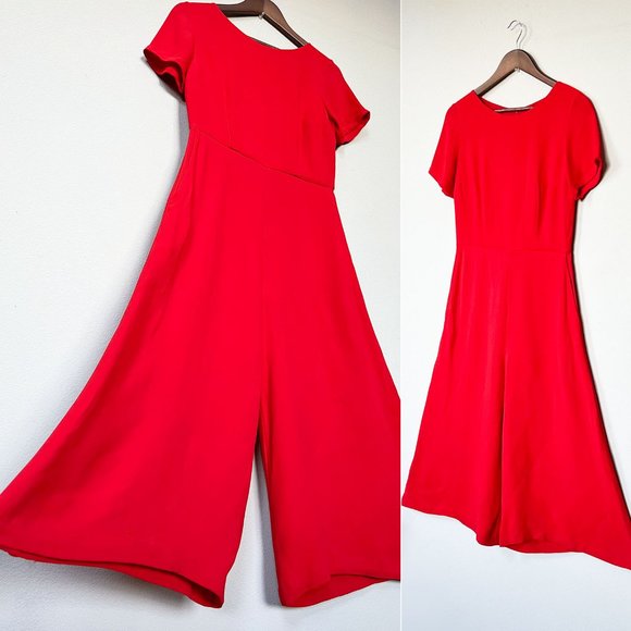 French Connection Pants - French Connection Red Wide Leg Crop Jumpsuit Size 6 Short Sleeves Crepe Viscose